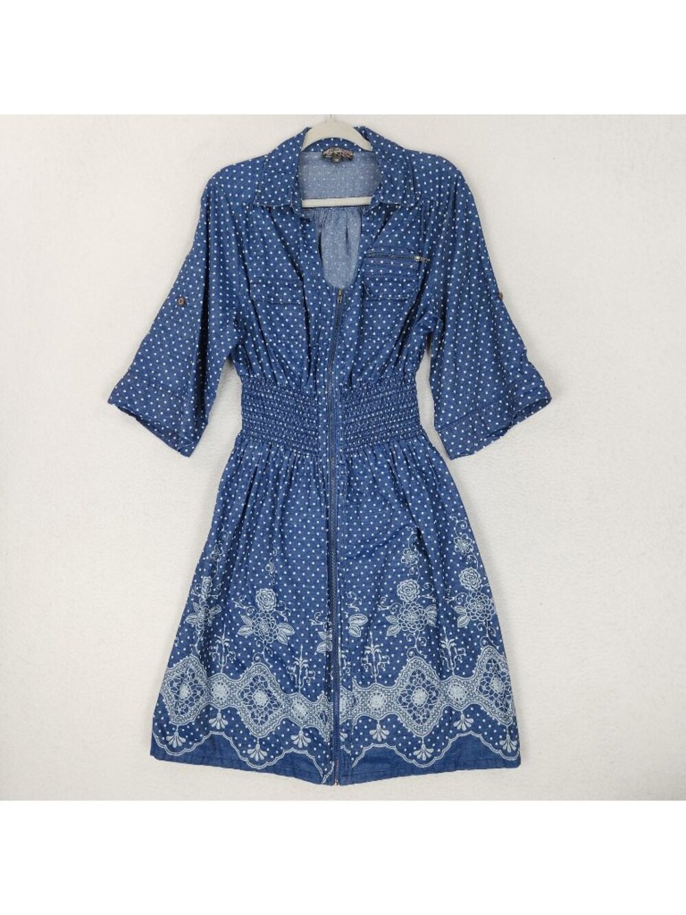J Gee Dress Womens 3X Blue White Polka Dot Denim Knee Length Smocked Waist